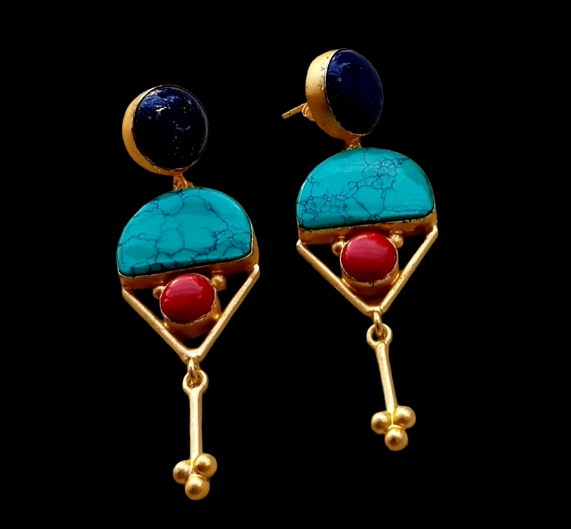 Charming Gold plated Lapis-Turquoise-Red Glass Stone Cute Designer Dangle Drop Earrings
