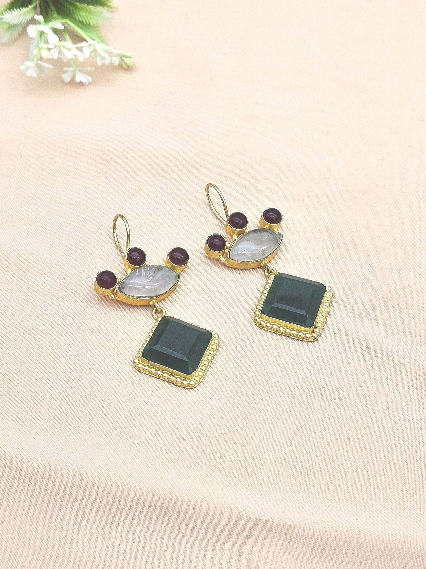 Gorgeous Gold plated Green Onyx-Rose Qtz-Red Glass Stone Cute Designer Dangle Drop Earrings