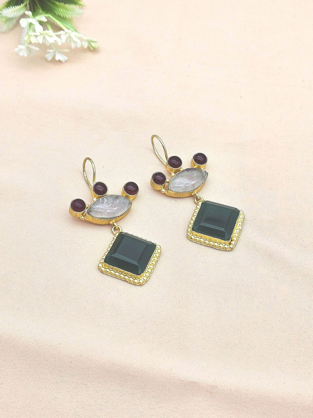 Gorgeous Gold plated Green Onyx-Rose Qtz-Red Glass Stone Cute Designer Dangle Drop Earrings