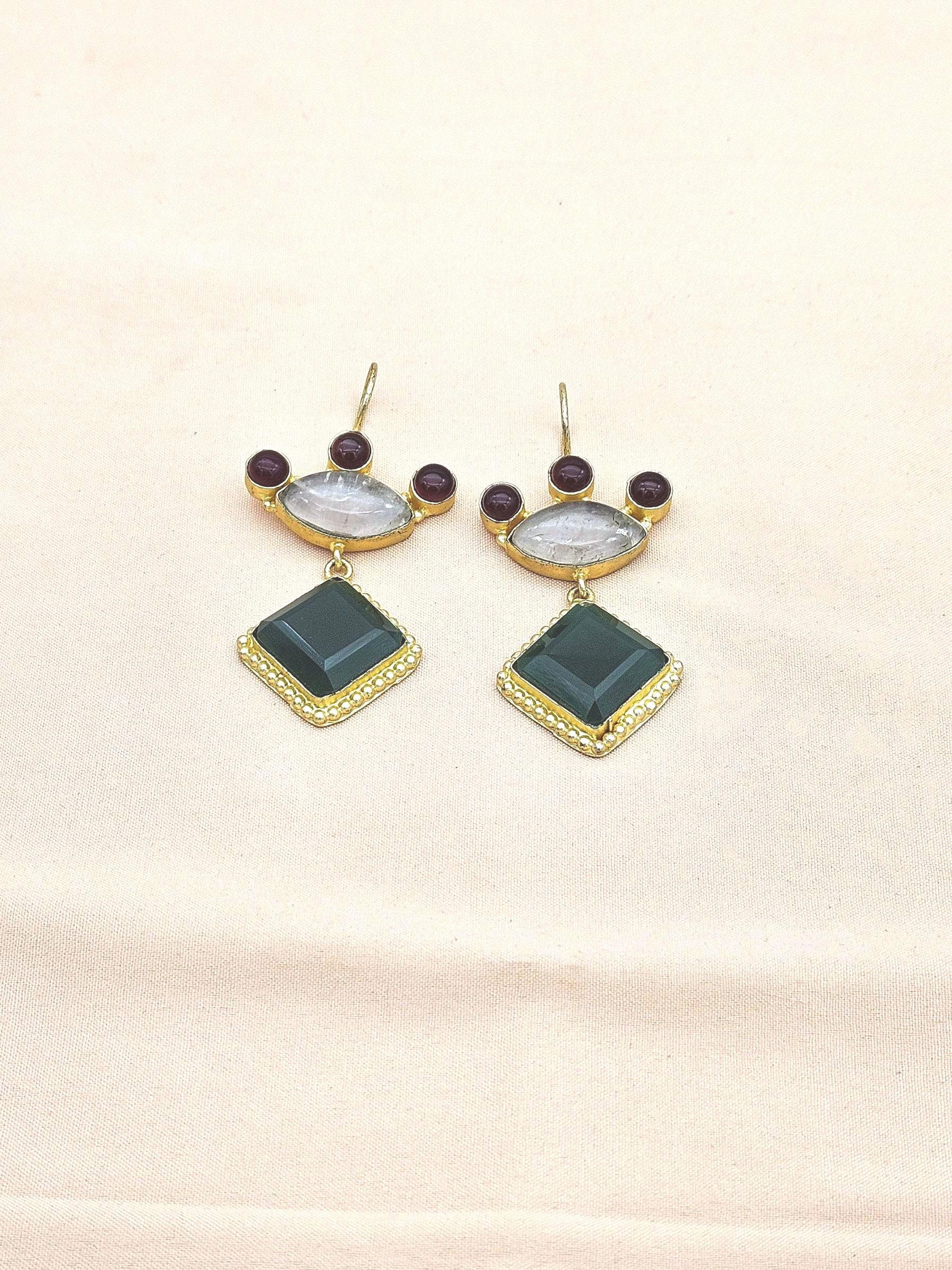 Gorgeous Gold plated Green Onyx-Rose Qtz-Red Glass Stone Cute Designer Dangle Drop Earrings