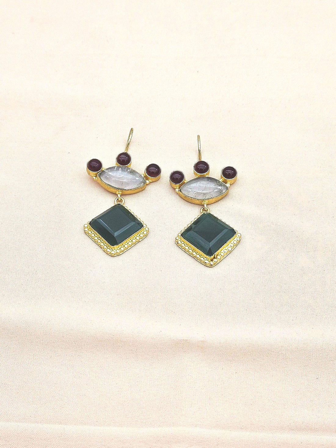 Gorgeous Gold plated Green Onyx-Rose Qtz-Red Glass Stone Cute Designer Dangle Drop Earrings