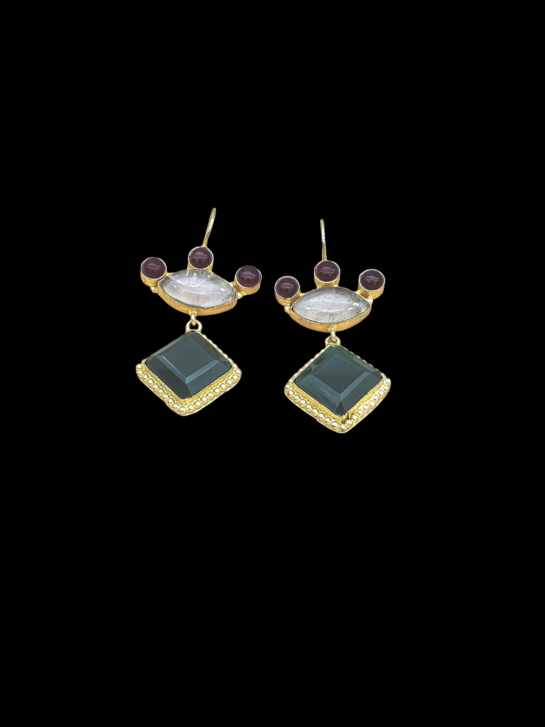 Gorgeous Gold plated Green Onyx-Rose Qtz-Red Glass Stone Cute Designer Dangle Drop Earrings