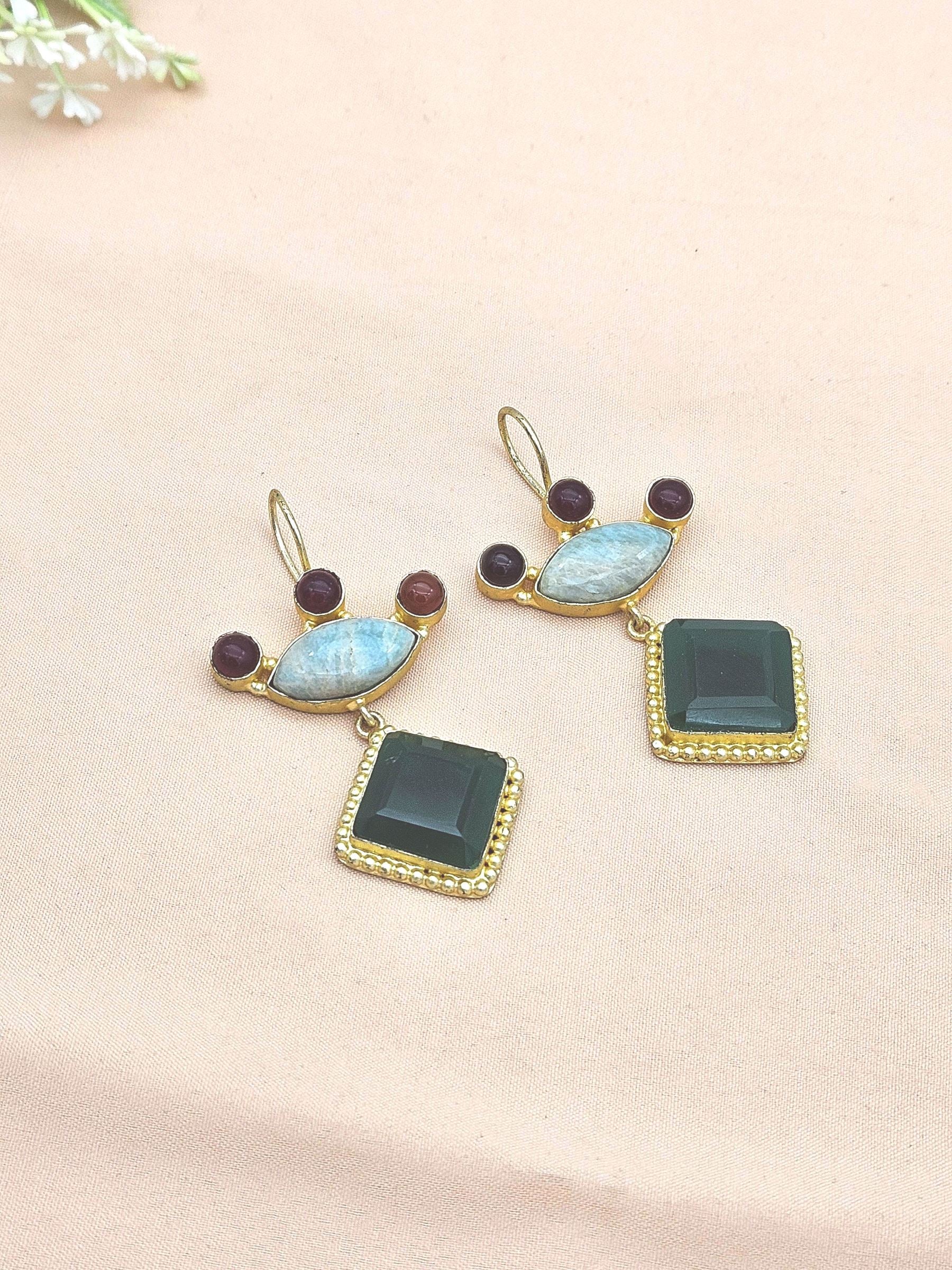Gorgeous Gold plated Green Onyx-Amazonite-Red Glass Stone Cute Designer Dangle Drop Earrings
