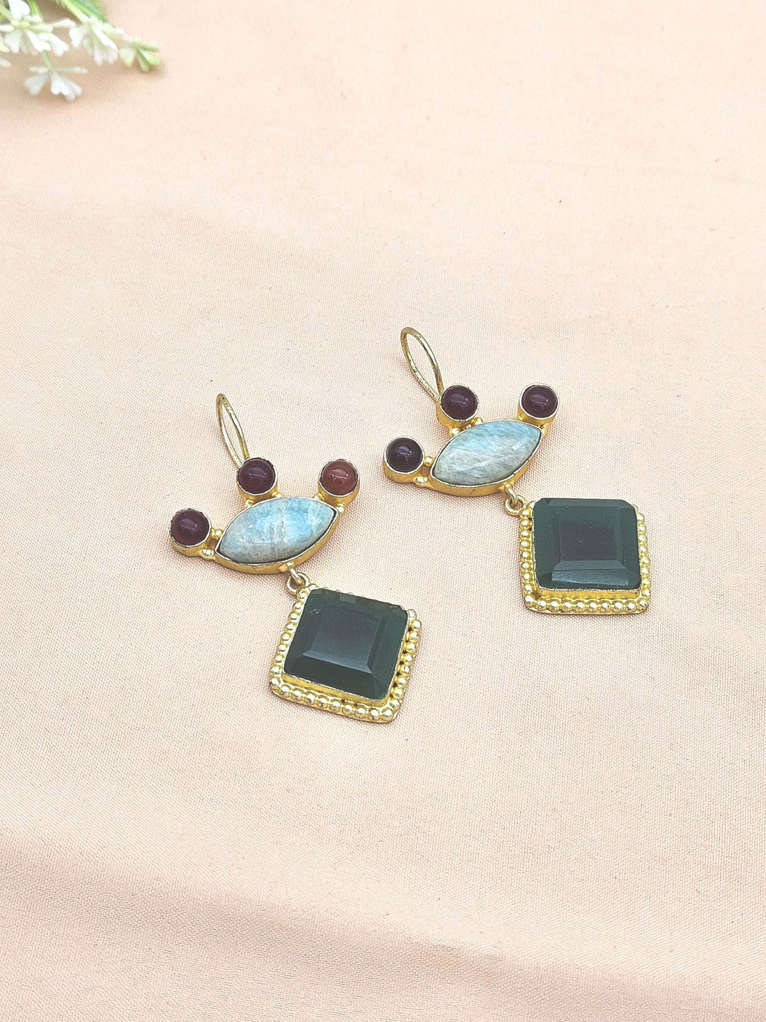 Gorgeous Gold plated Green Onyx-Amazonite-Red Glass Stone Cute Designer Dangle Drop Earrings