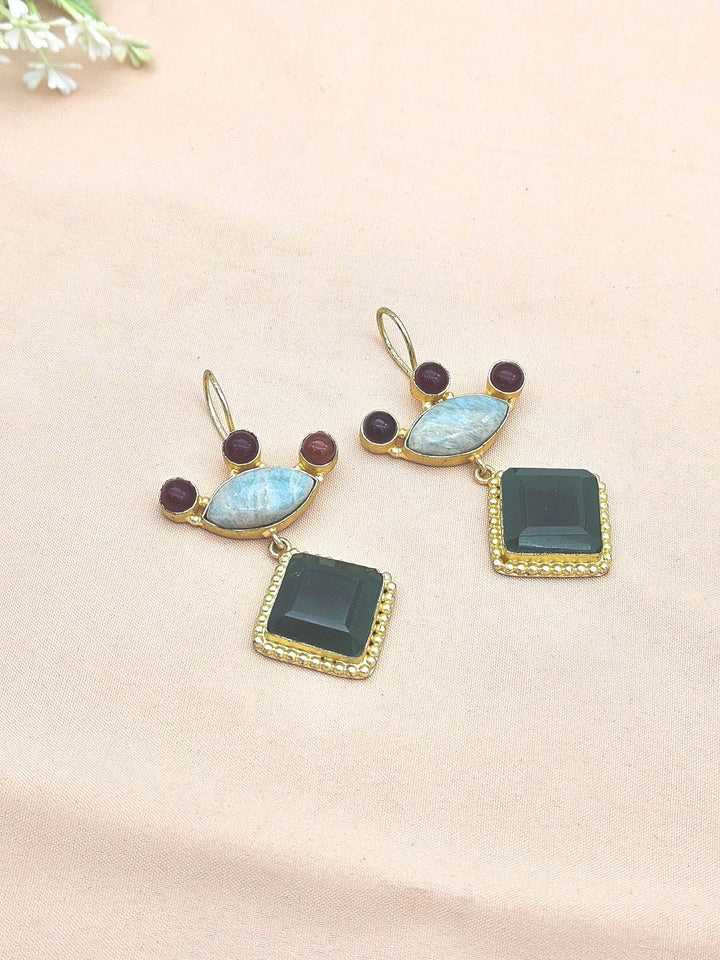 Gorgeous Gold plated Green Onyx-Amazonite-Red Glass Stone Cute Designer Dangle Drop Earrings