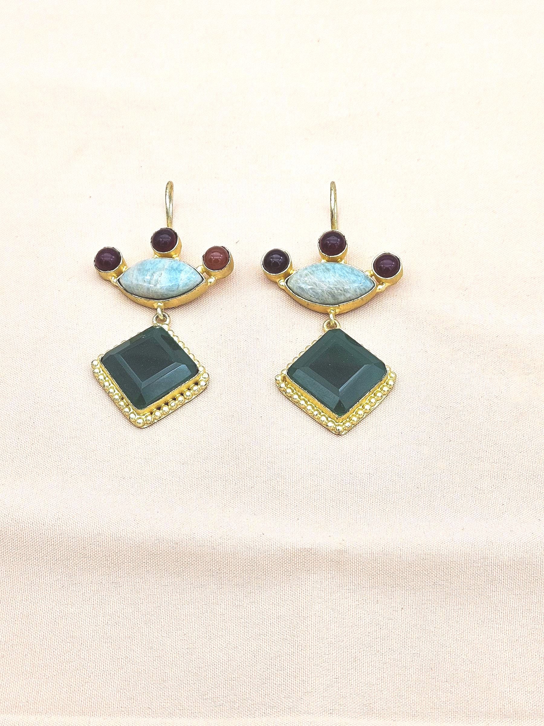 Gorgeous Gold plated Green Onyx-Amazonite-Red Glass Stone Cute Designer Dangle Drop Earrings