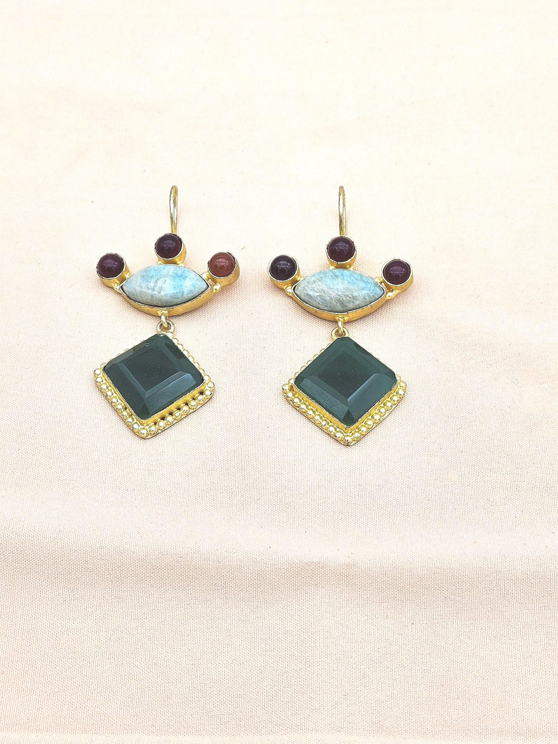 Gorgeous Gold plated Green Onyx-Amazonite-Red Glass Stone Cute Designer Dangle Drop Earrings