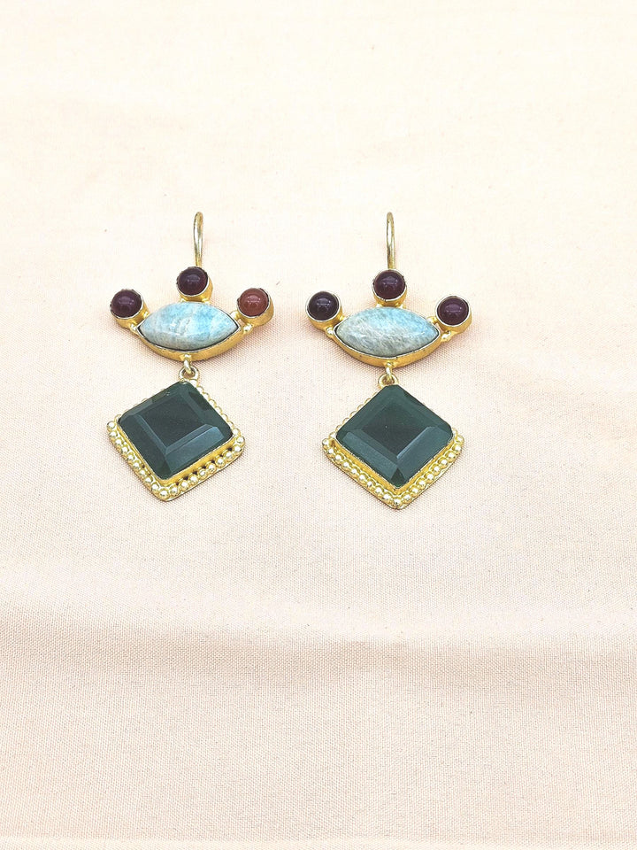 Gorgeous Gold plated Green Onyx-Amazonite-Red Glass Stone Cute Designer Dangle Drop Earrings