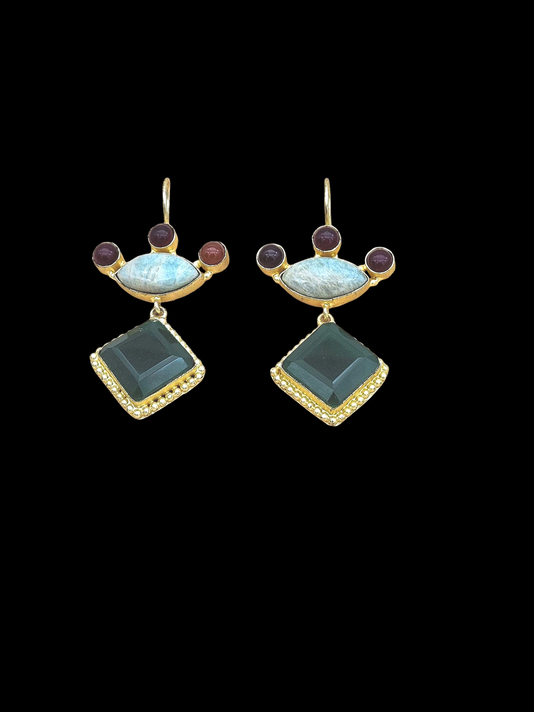 Gorgeous Gold plated Green Onyx-Amazonite-Red Glass Stone Cute Designer Dangle Drop Earrings
