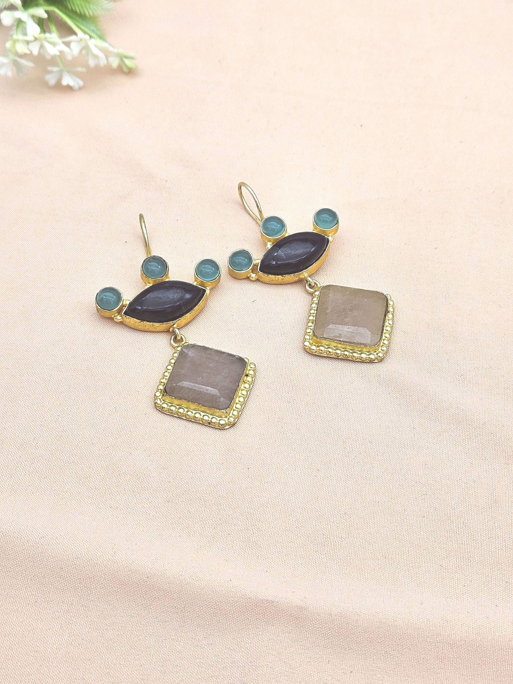 Gorgeous Gold plated Jade-Chalcedony-Green Glass Stone Cute Designer Dangle Drop Earrings