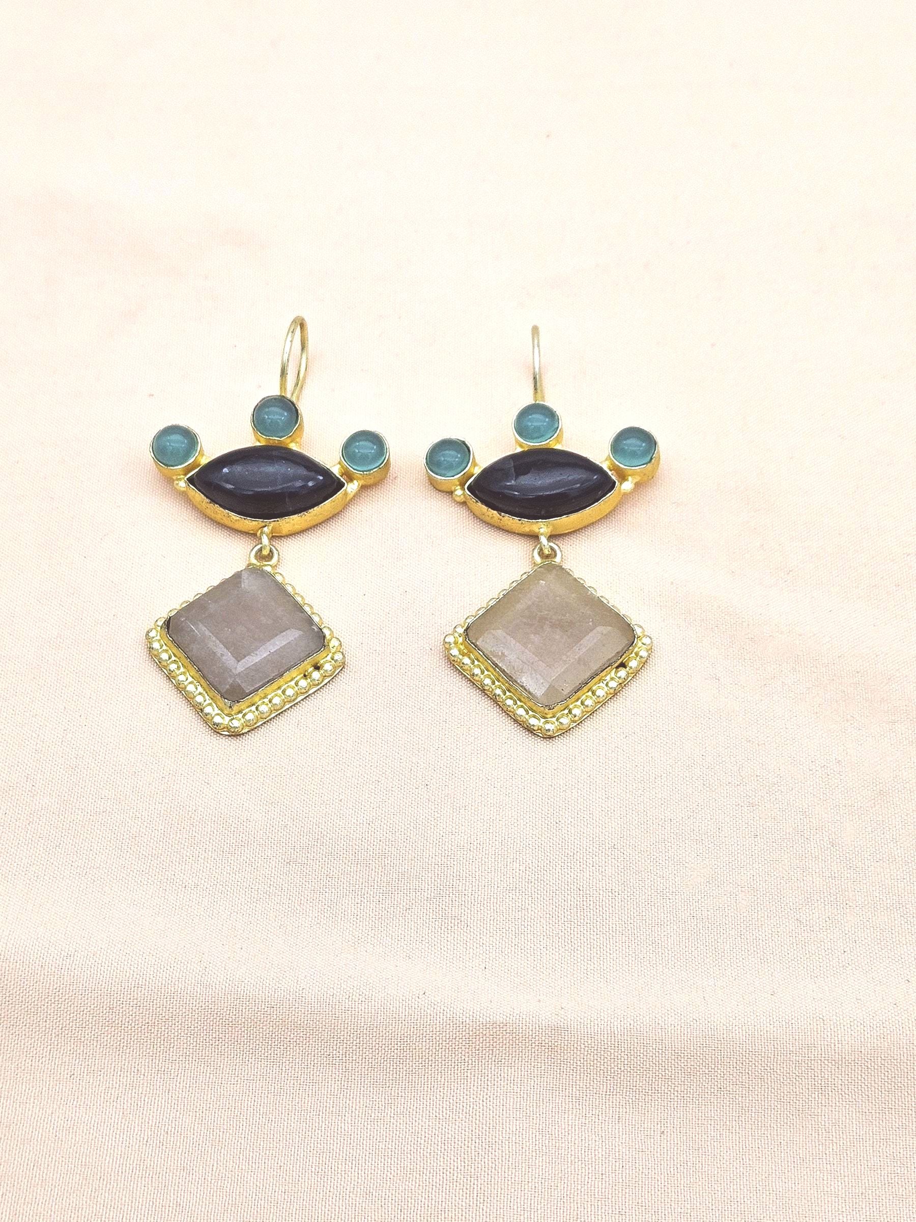Gorgeous Gold plated Jade-Chalcedony-Green Glass Stone Cute Designer Dangle Drop Earrings