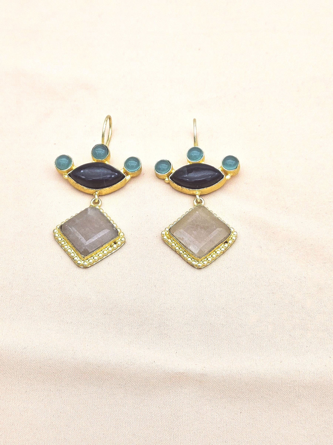 Gorgeous Gold plated Jade-Chalcedony-Green Glass Stone Cute Designer Dangle Drop Earrings