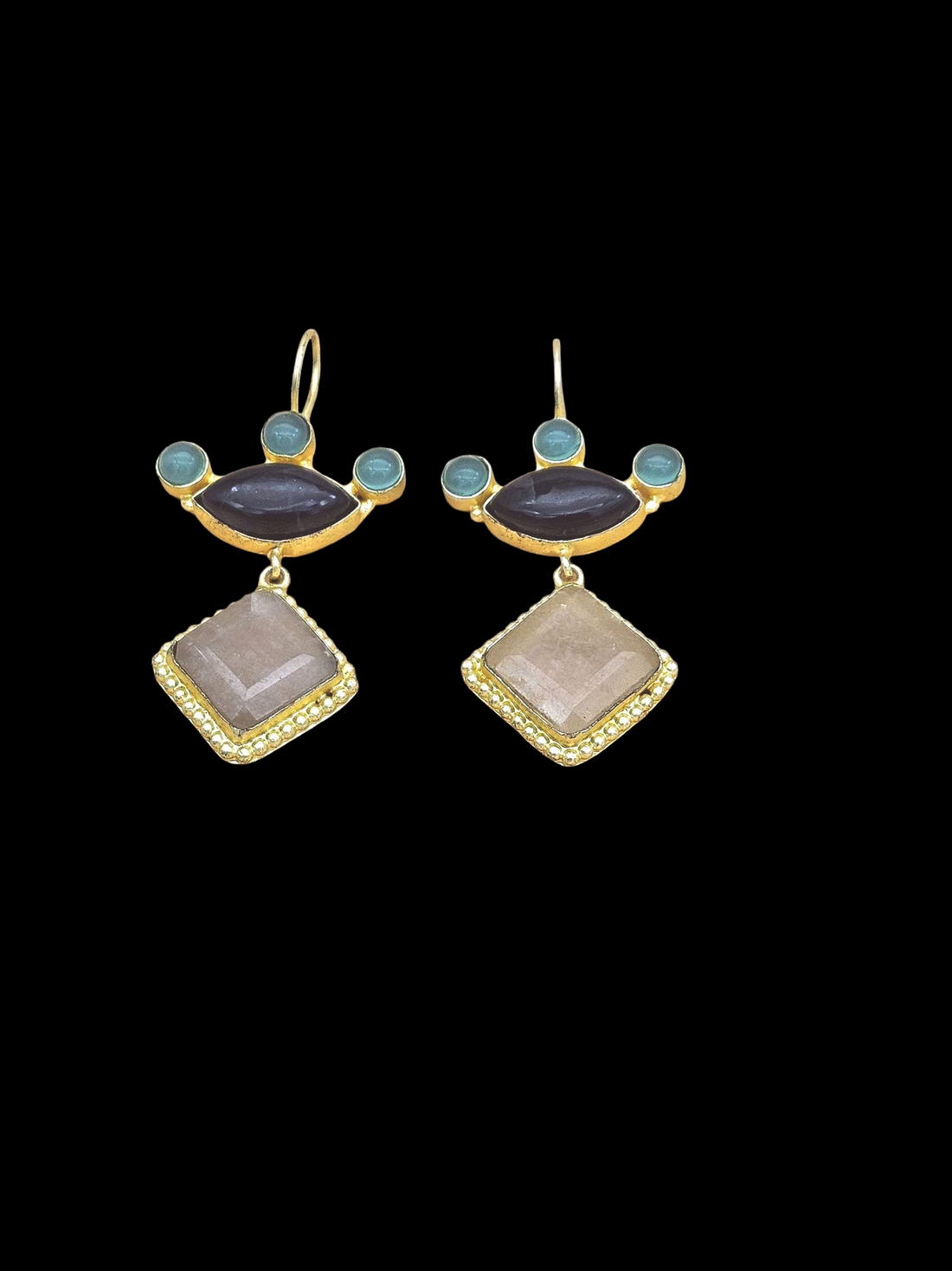 Gorgeous Gold plated Jade-Chalcedony-Green Glass Stone Cute Designer Dangle Drop Earrings