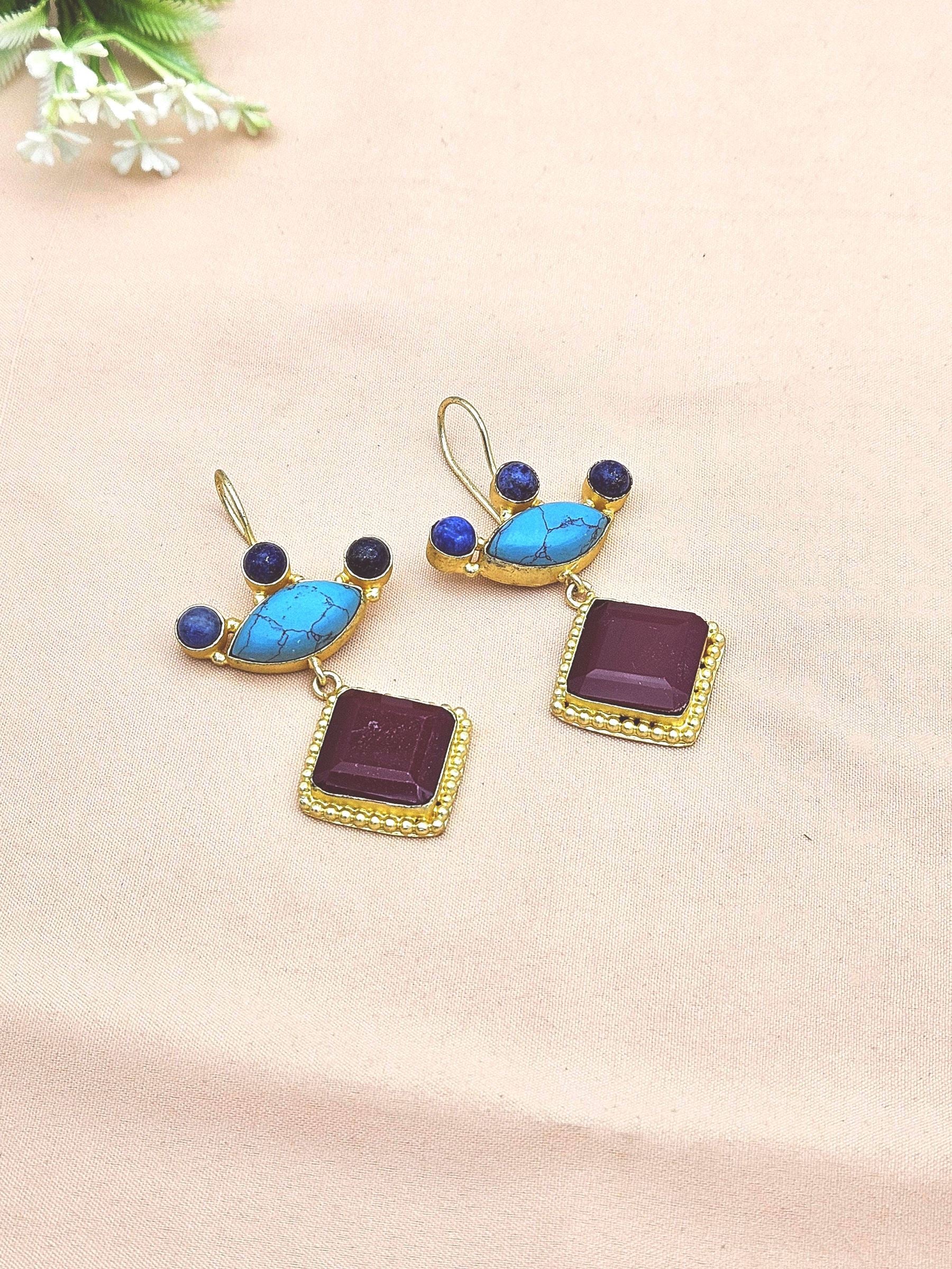 Gorgeous Gold plated Red Onyx Synthetic Turquoise-Lapis Stone Cute Designer Dangle Drop Earrings