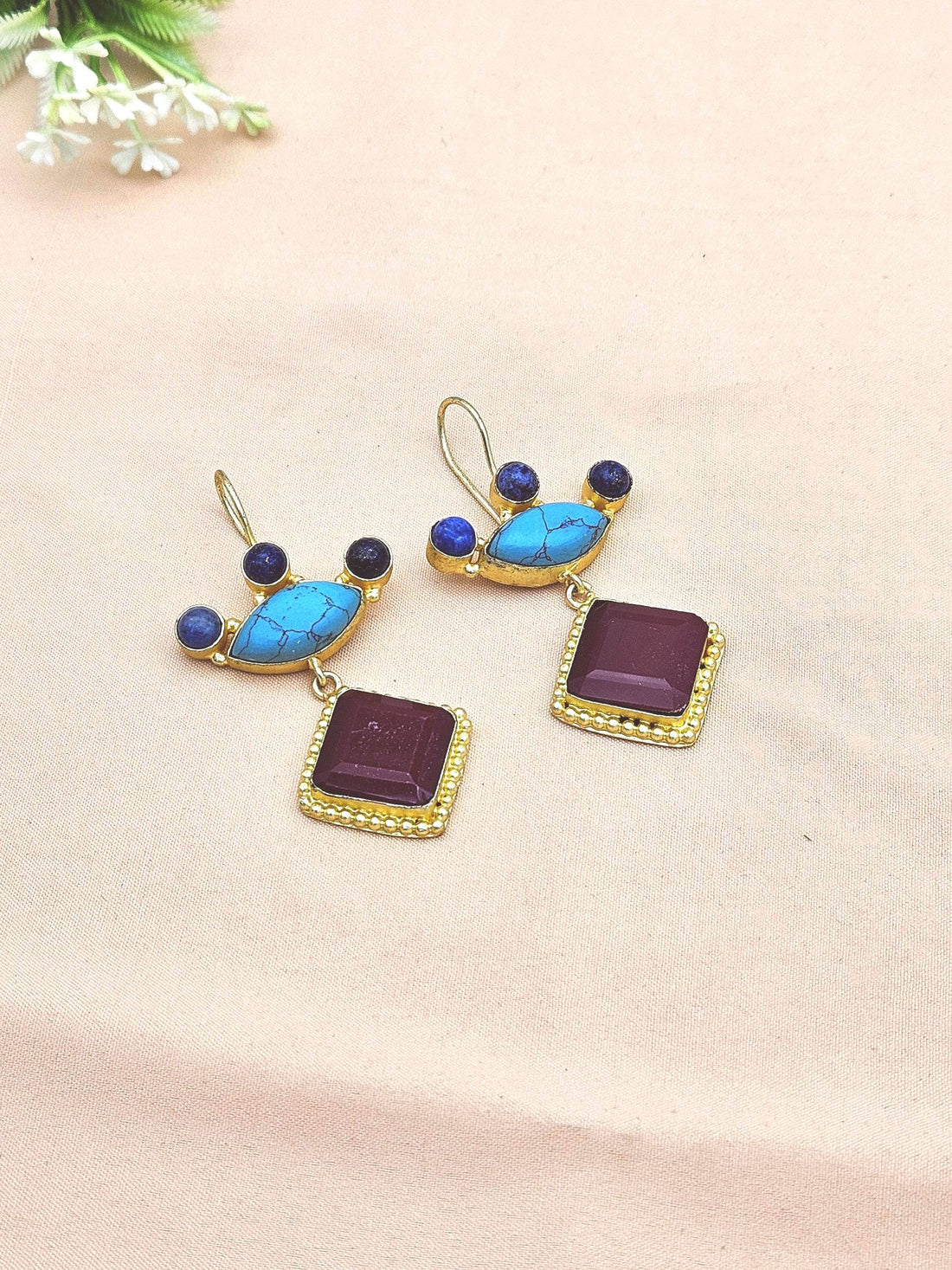 Gorgeous Gold plated Red Onyx Synthetic Turquoise-Lapis Stone Cute Designer Dangle Drop Earrings