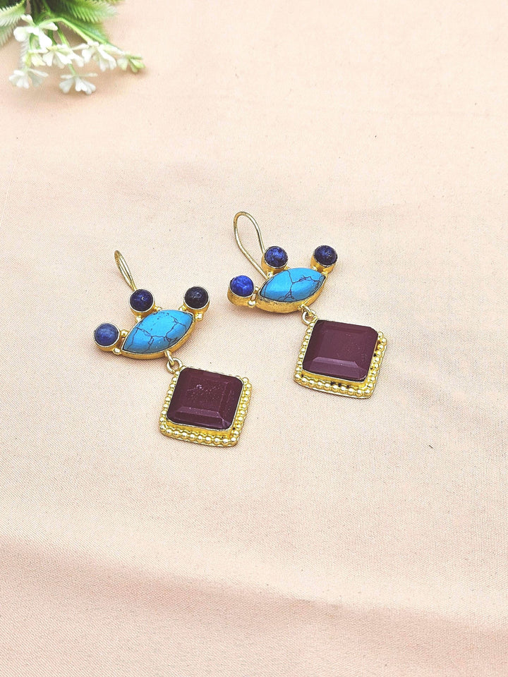 Gorgeous Gold plated Red Onyx Synthetic Turquoise-Lapis Stone Cute Designer Dangle Drop Earrings