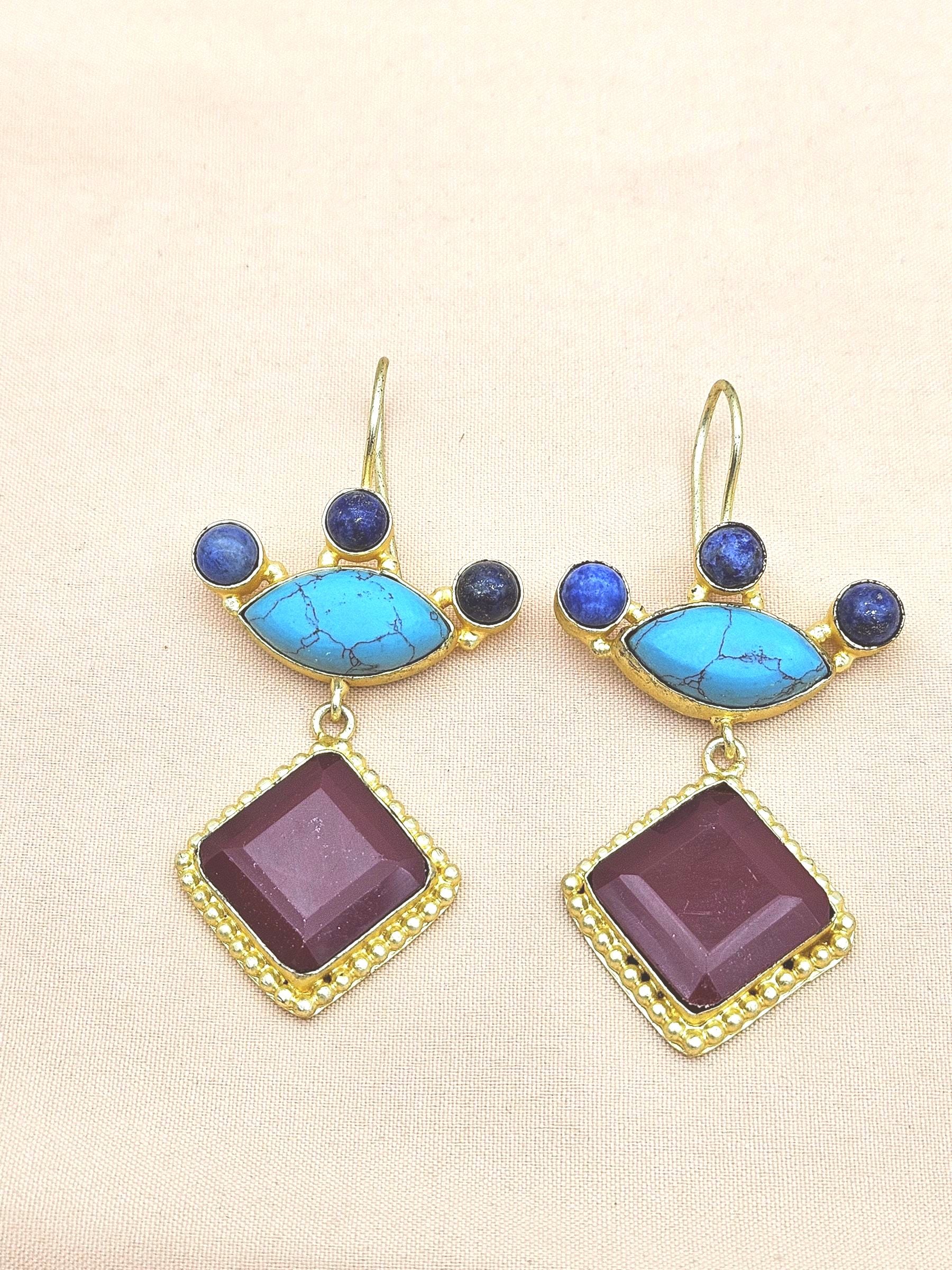 Gorgeous Gold plated Red Onyx Synthetic Turquoise-Lapis Stone Cute Designer Dangle Drop Earrings