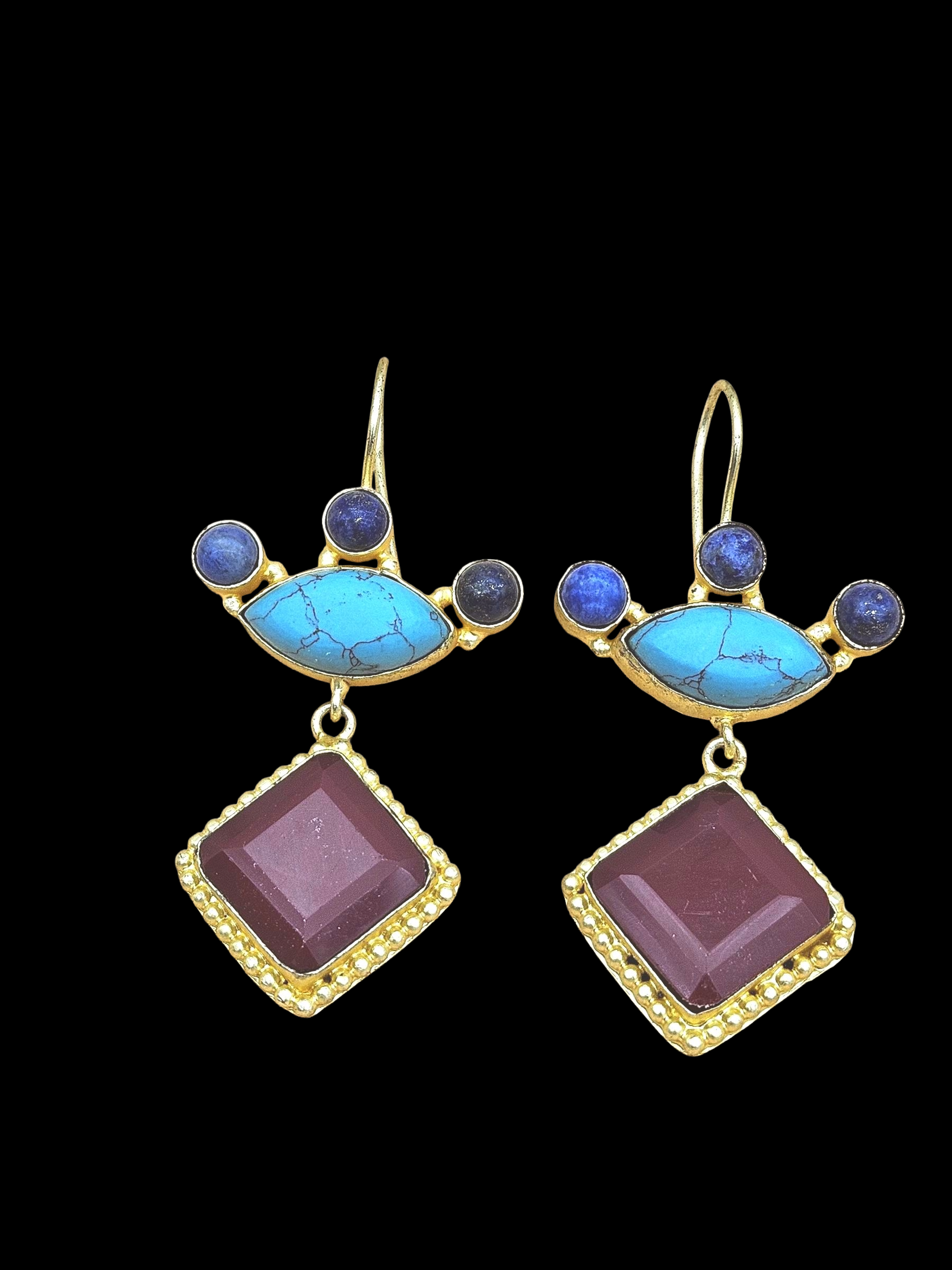 Gorgeous Gold plated Red Onyx Synthetic Turquoise-Lapis Stone Cute Designer Dangle Drop Earrings
