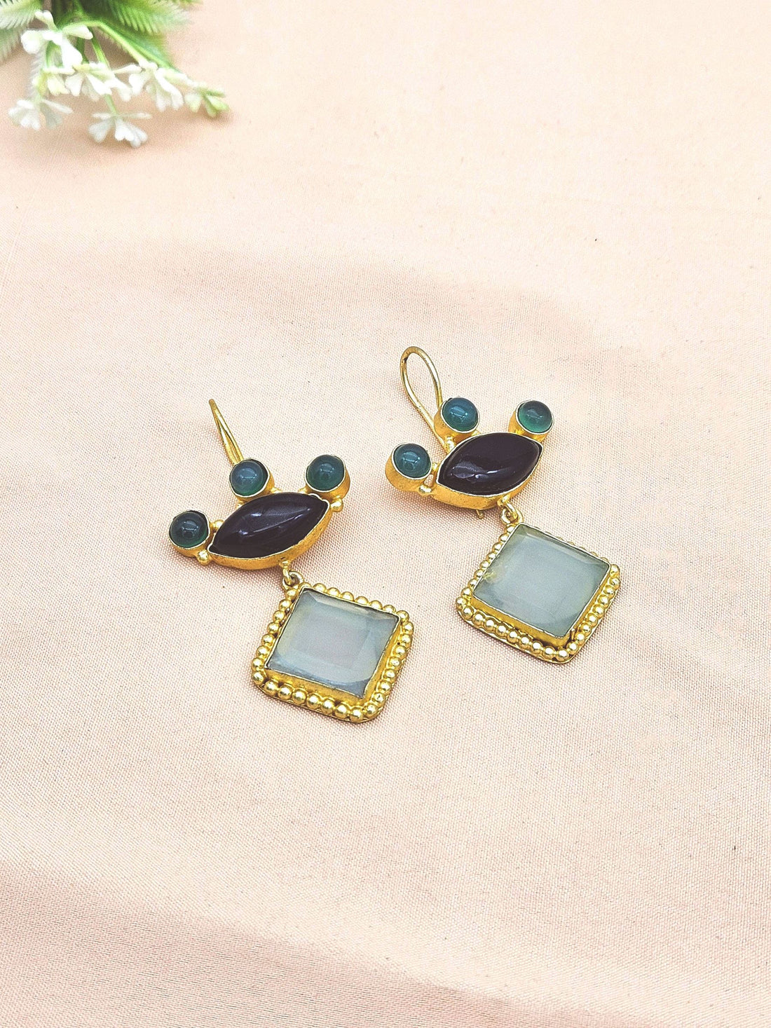 Gorgeous Gold plated Aquamarine-Black & Green Onyx Stone Cute Designer Dangle Drop Earrings