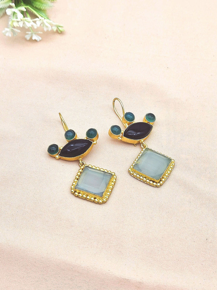 Gorgeous Gold plated Aquamarine-Black & Green Onyx Stone Cute Designer Dangle Drop Earrings