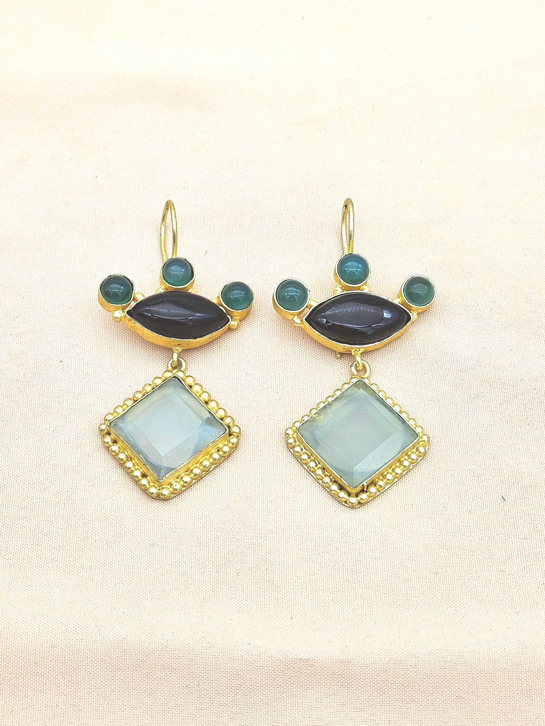 Gorgeous Gold plated Aquamarine-Black & Green Onyx Stone Cute Designer Dangle Drop Earrings