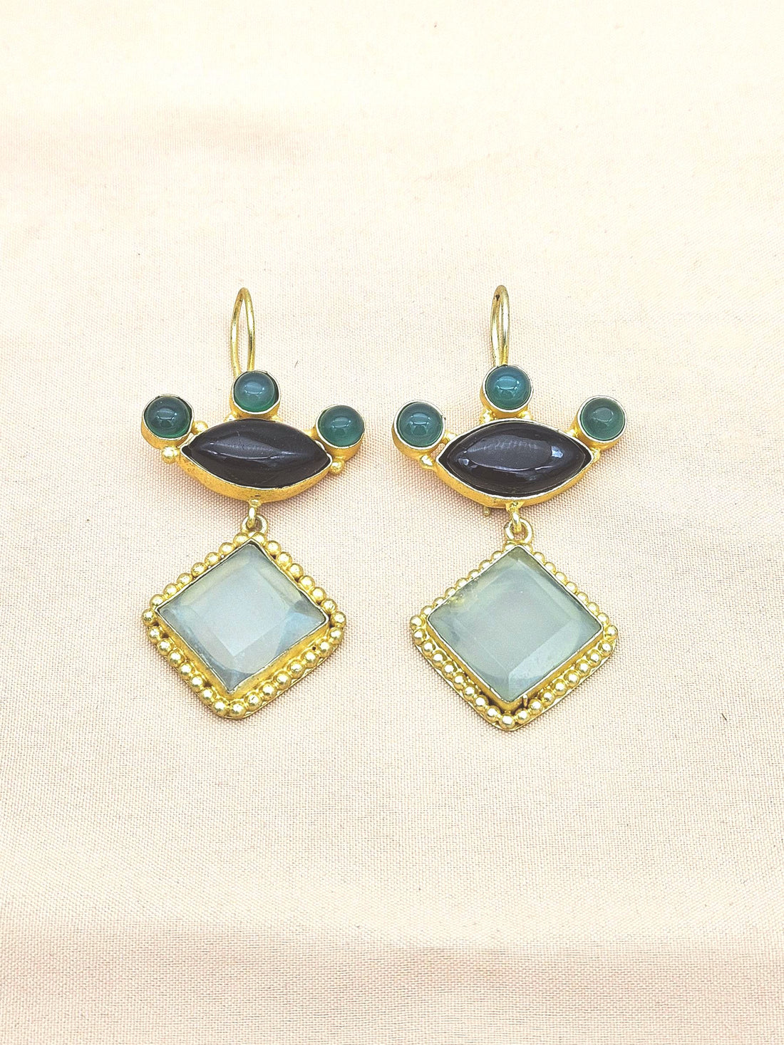 Gorgeous Gold plated Aquamarine-Black & Green Onyx Stone Cute Designer Dangle Drop Earrings