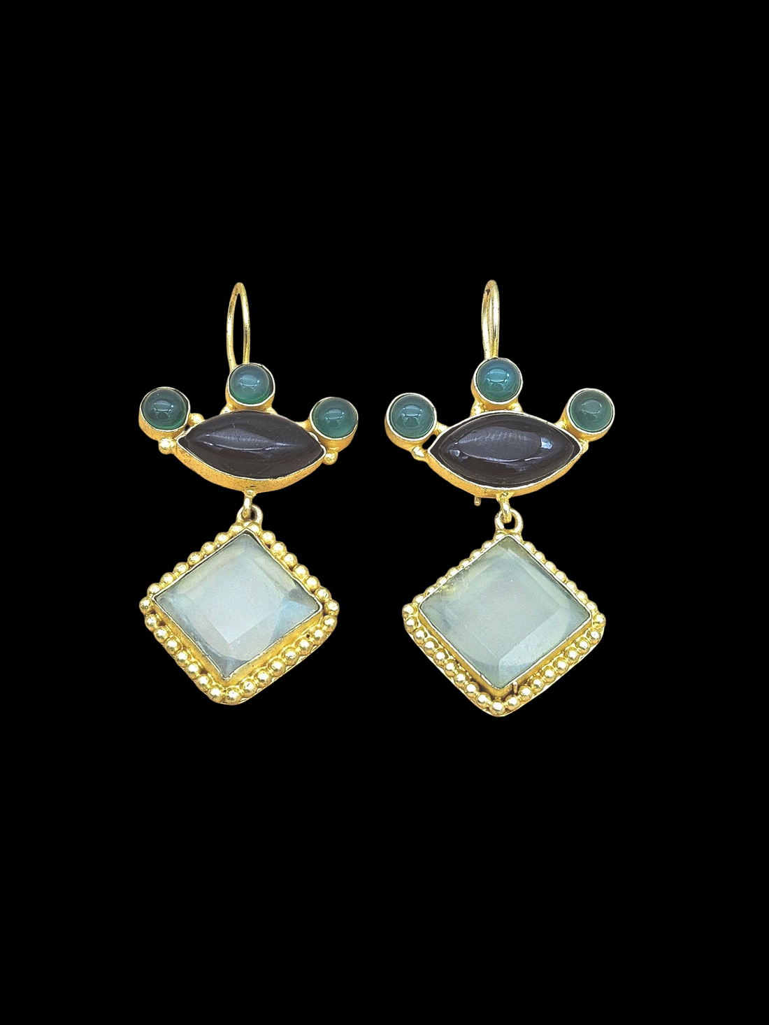 Gorgeous Gold plated Aquamarine-Black & Green Onyx Stone Cute Designer Dangle Drop Earrings