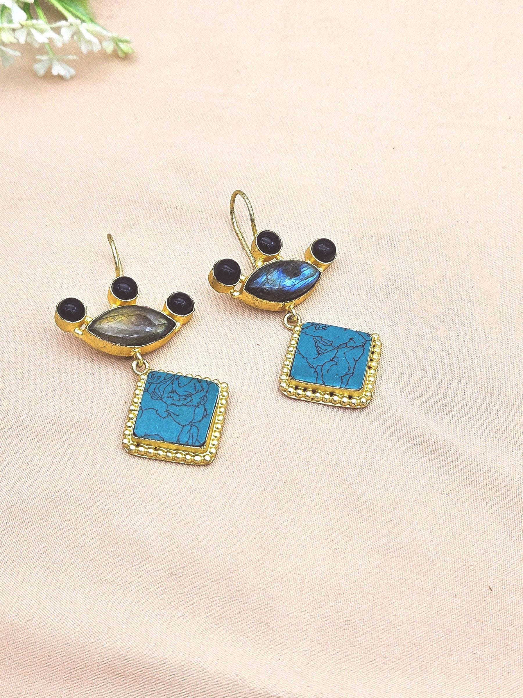 Gorgeous Gold plated Labradorite-Black Onyx-Turquoise Stone Cute Designer Dangle Drop Earrings