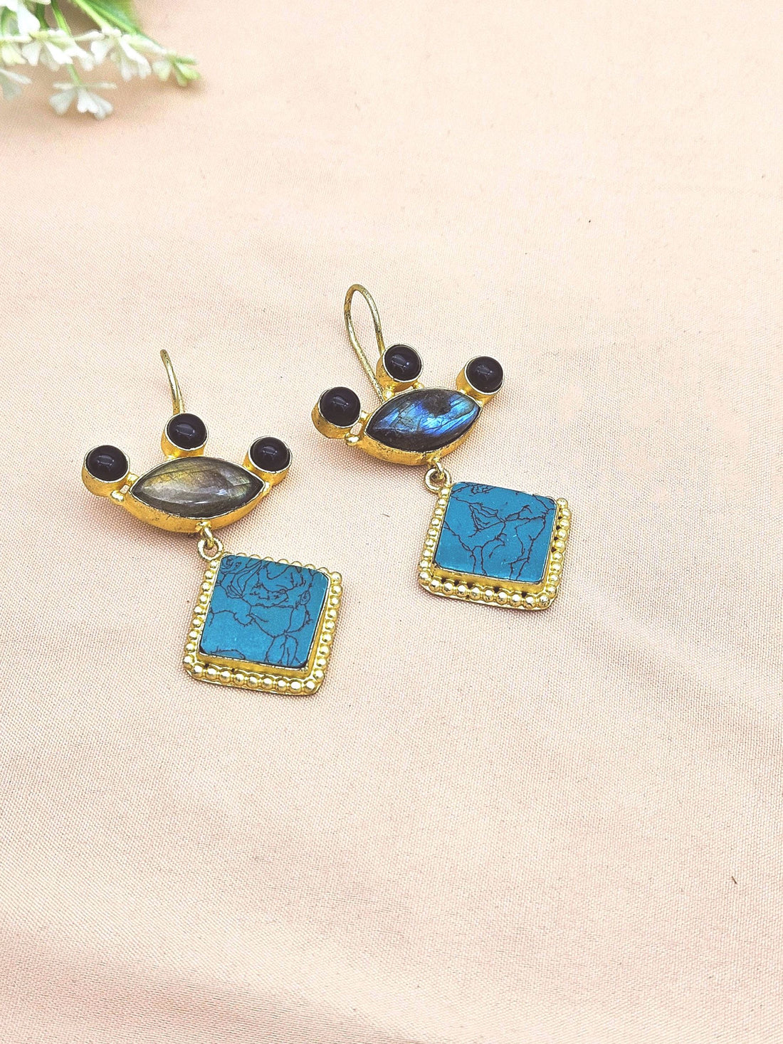 Gorgeous Gold plated Labradorite-Black Onyx-Turquoise Stone Cute Designer Dangle Drop Earrings