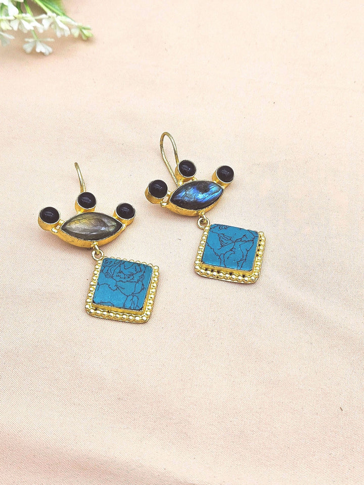 Gorgeous Gold plated Labradorite-Black Onyx-Turquoise Stone Cute Designer Dangle Drop Earrings