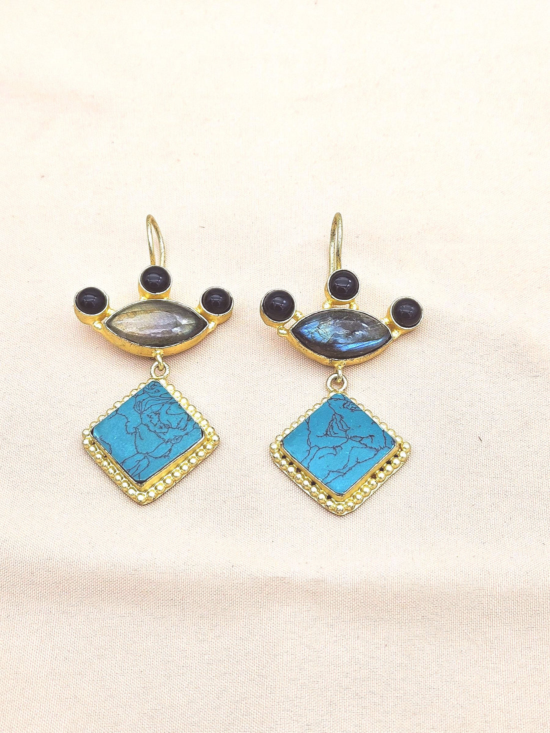 Gorgeous Gold plated Labradorite-Black Onyx-Turquoise Stone Cute Designer Dangle Drop Earrings