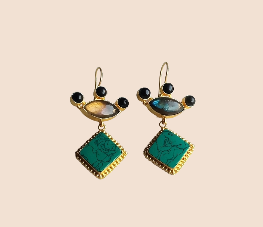 Gorgeous Gold plated Labradorite-Black Onyx-Turquoise Stone Cute Designer Dangle Drop Earrings