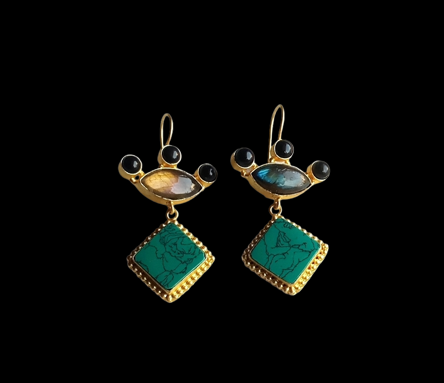 Gorgeous Gold plated Labradorite-Black Onyx-Turquoise Stone Cute Designer Dangle Drop Earrings