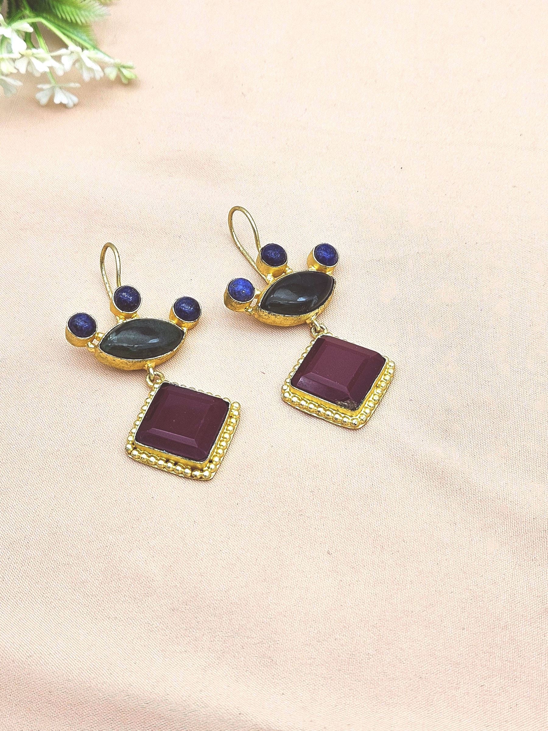 Gorgeous Gold plated Red & Green Glass-Lapis Stone Cute Designer Dangle Drop Earrings