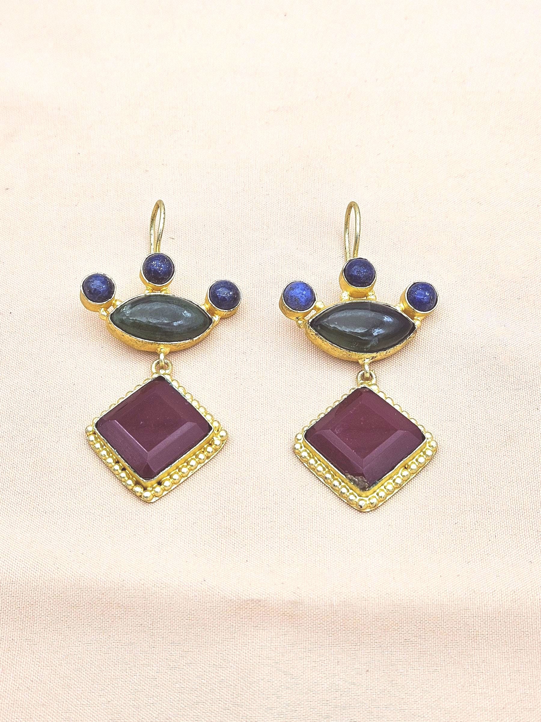 Gorgeous Gold plated Red & Green Glass-Lapis Stone Cute Designer Dangle Drop Earrings