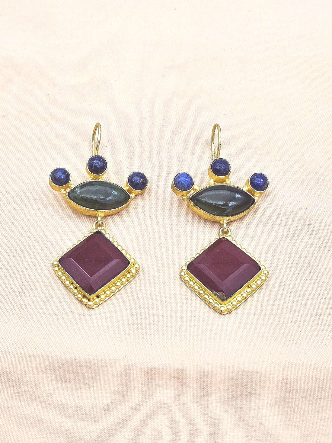 Gorgeous Gold plated Red & Green Glass-Lapis Stone Cute Designer Dangle Drop Earrings