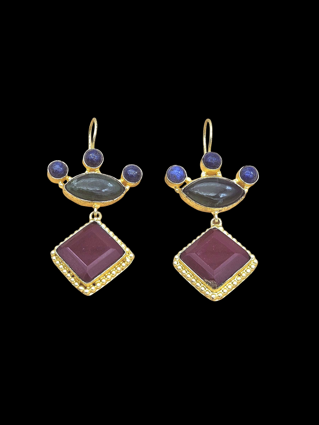 Gorgeous Gold plated Red & Green Glass-Lapis Stone Cute Designer Dangle Drop Earrings