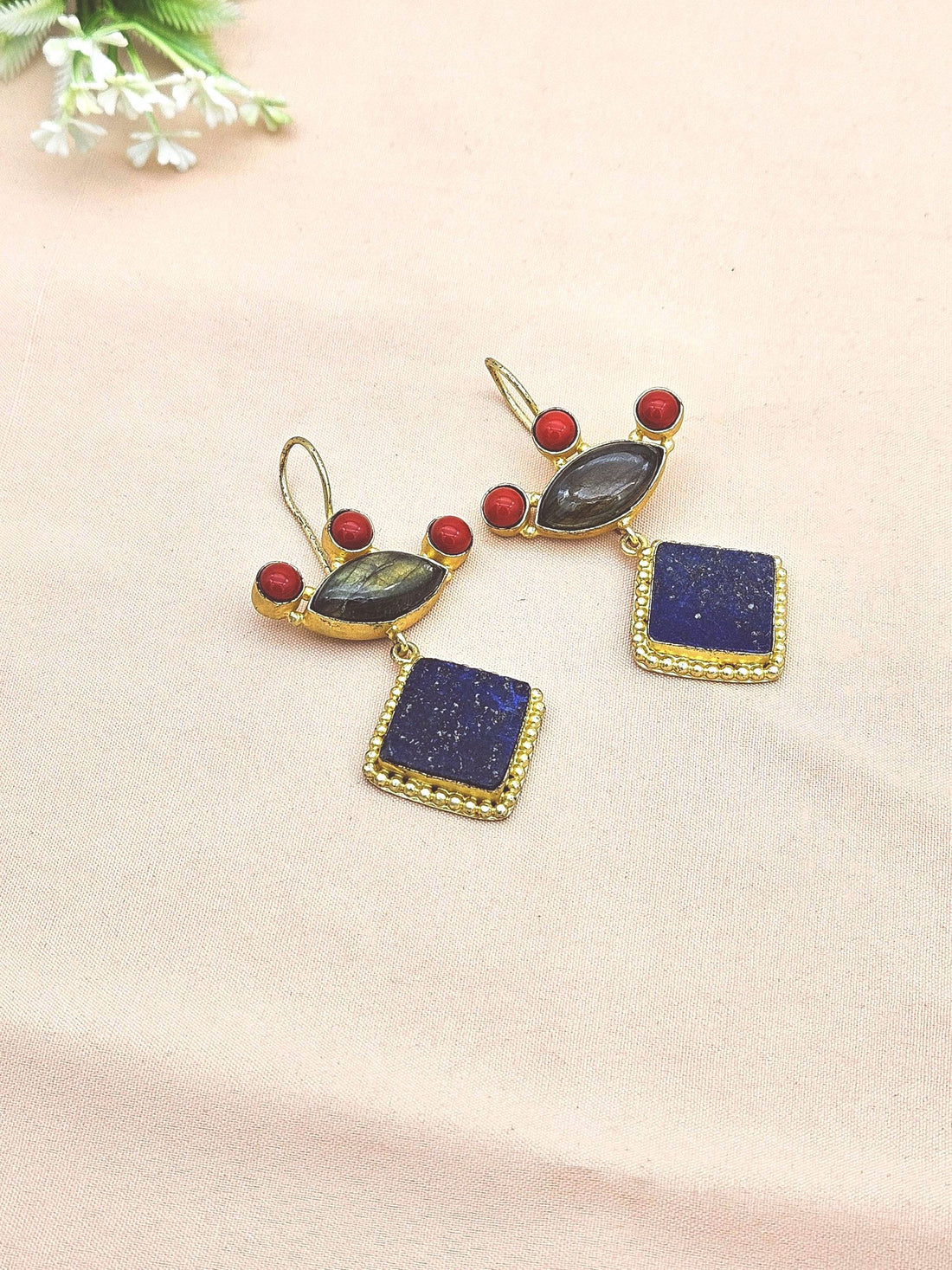 Gorgeous Gold plated Lapis-Labradorite-Red Glass Stone Cute Designer Dangle Drop Earrings