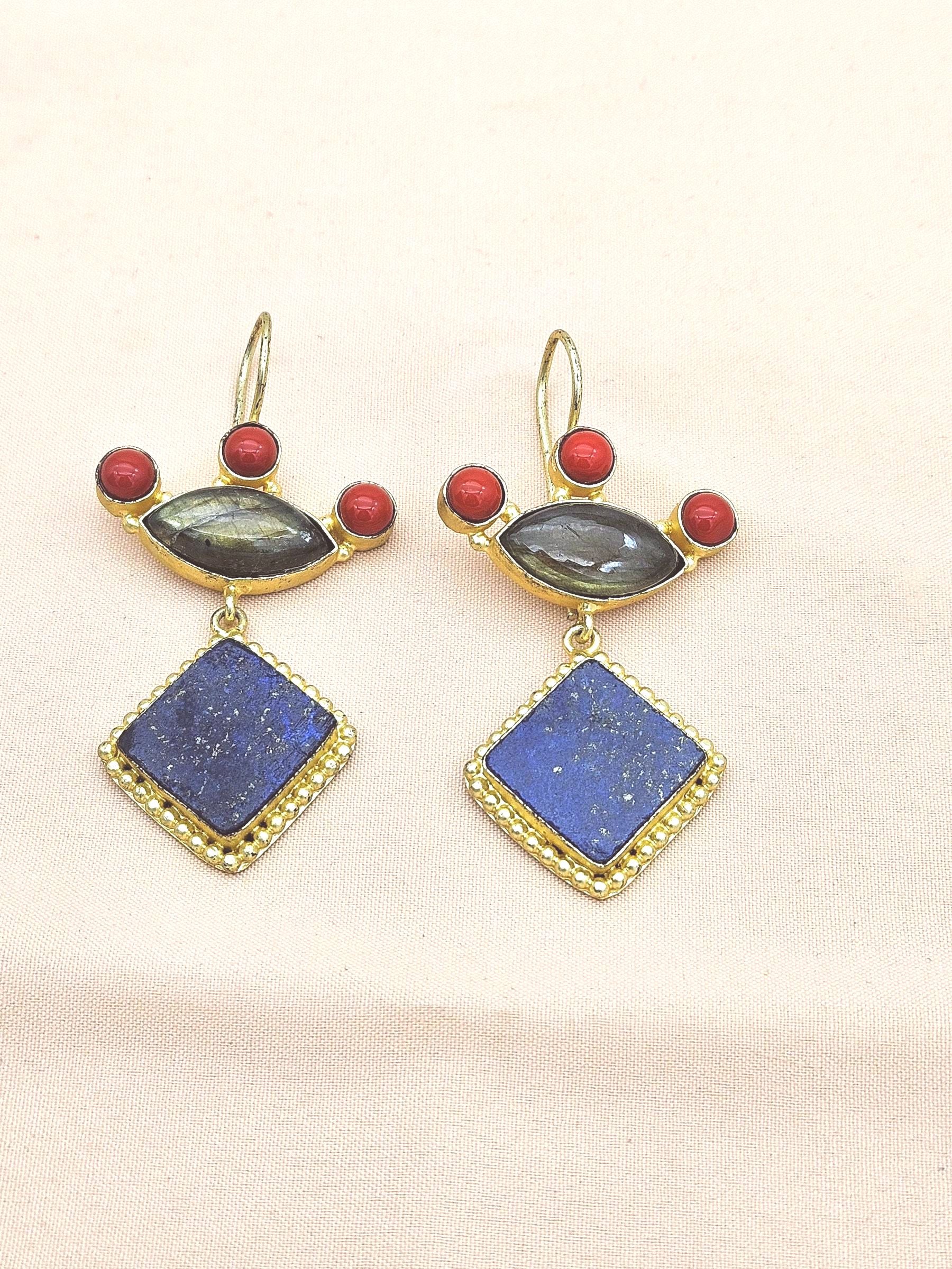 Gorgeous Gold plated Lapis-Labradorite-Red Glass Stone Cute Designer Dangle Drop Earrings