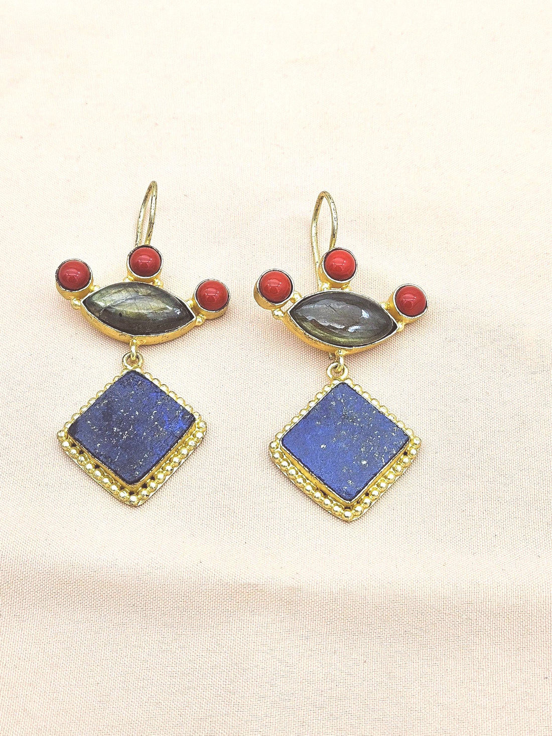 Gorgeous Gold plated Lapis-Labradorite-Red Glass Stone Cute Designer Dangle Drop Earrings