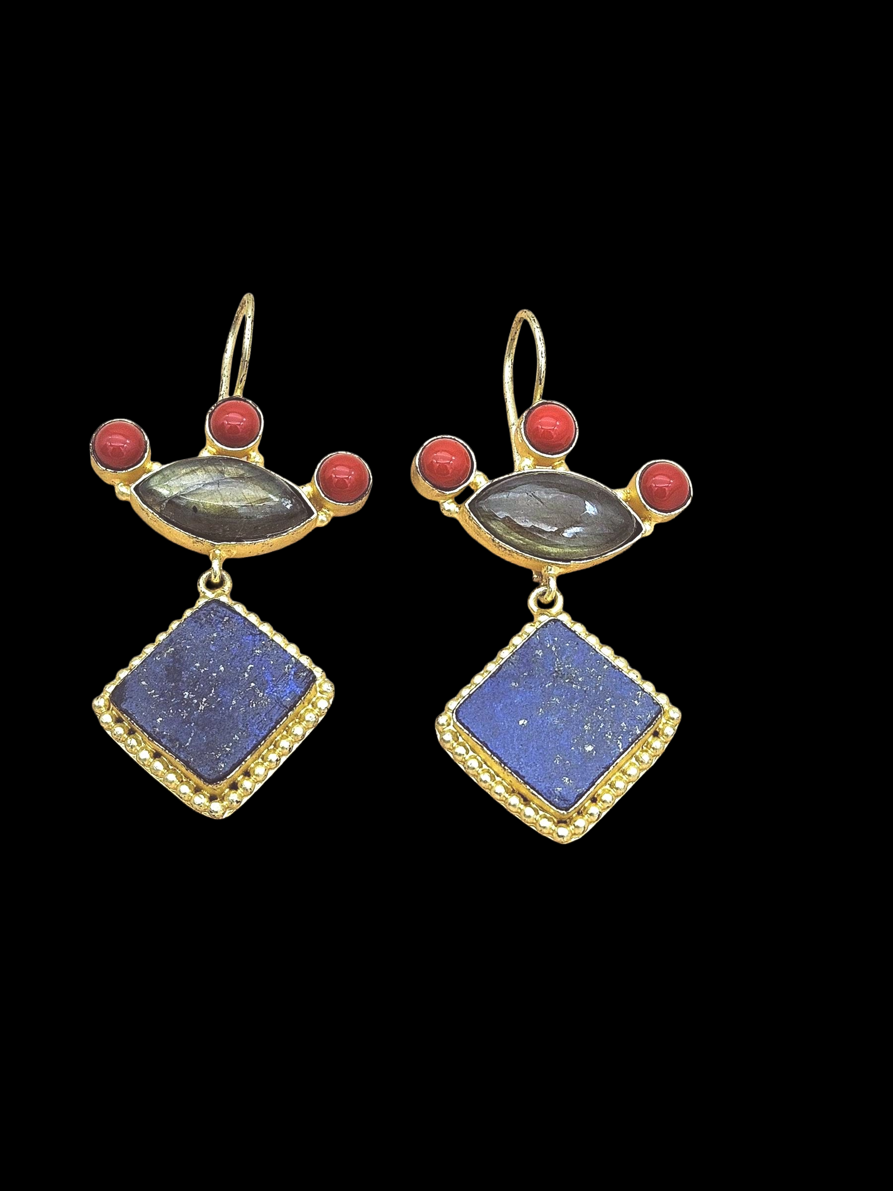 Gorgeous Gold plated Lapis-Labradorite-Red Glass Stone Cute Designer Dangle Drop Earrings