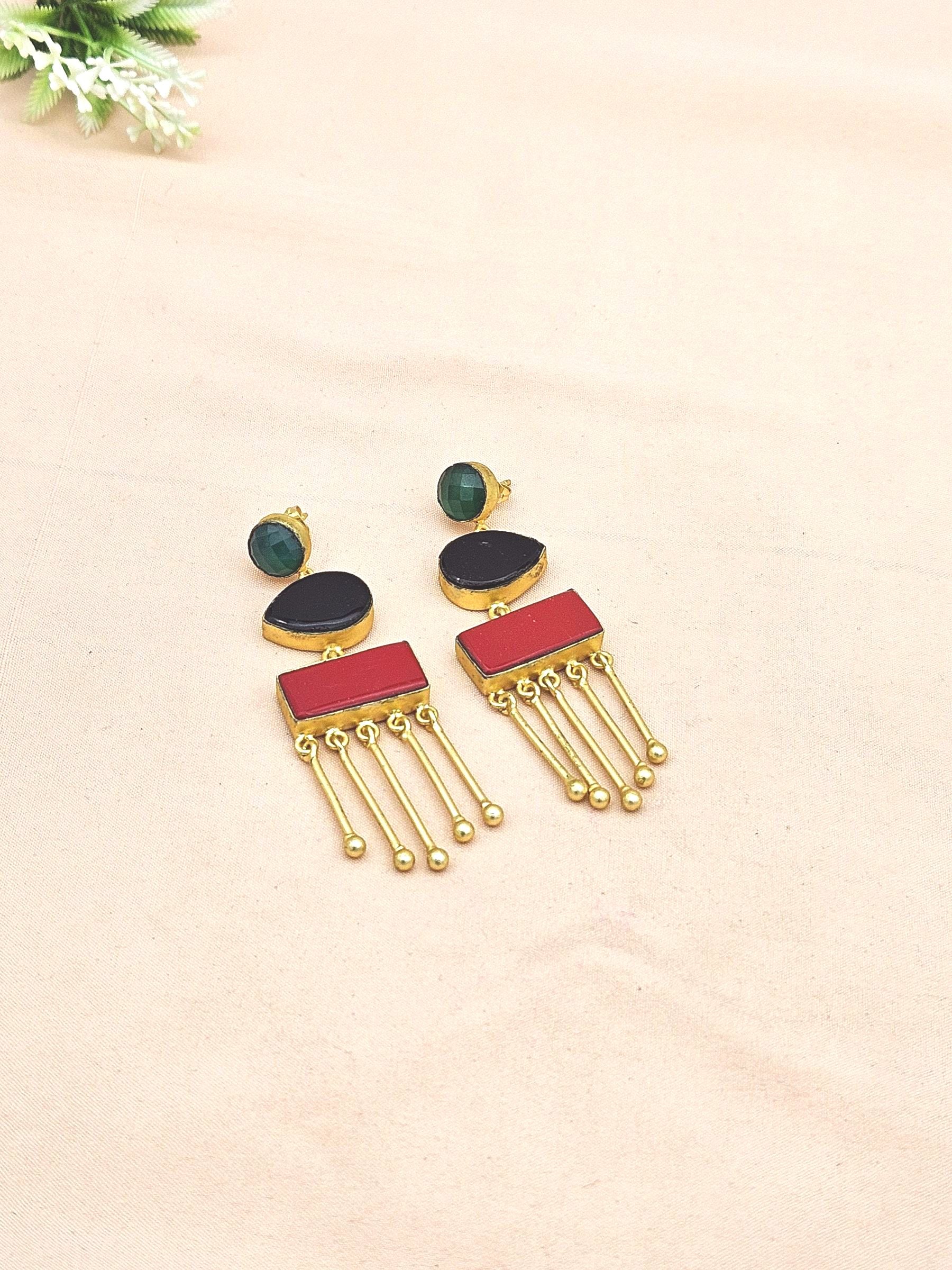 Artistic Gold plated Green & Black Onyx-Coral Charming Designer Dangle Drop Earrings