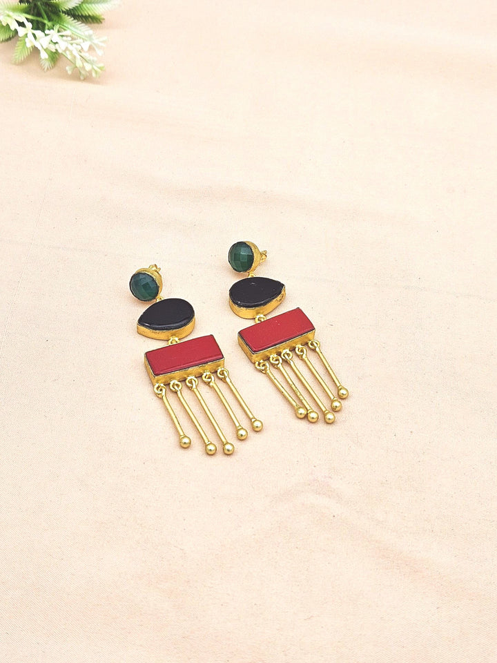 Artistic Gold plated Green & Black Onyx-Coral Charming Designer Dangle Drop Earrings