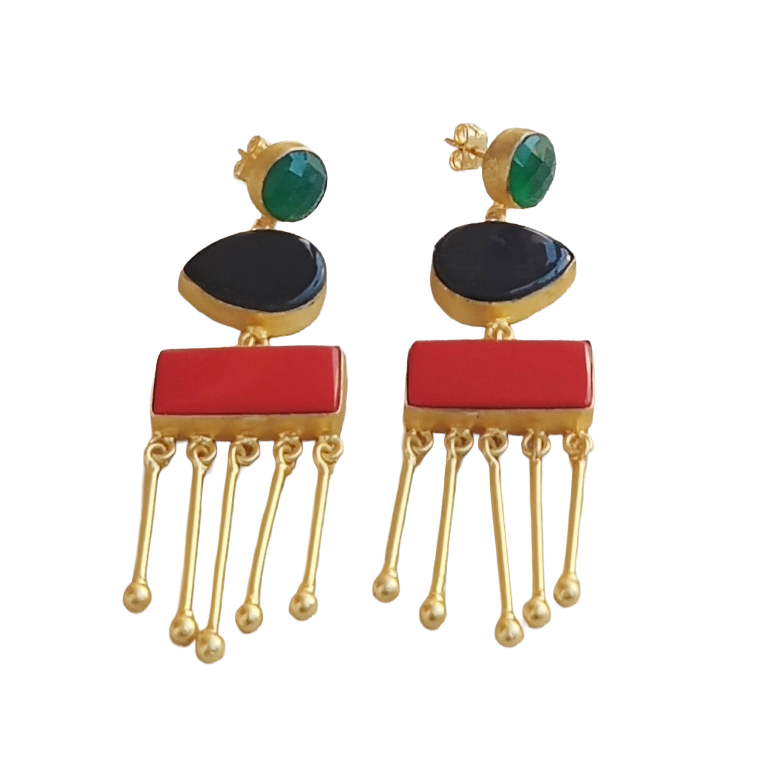 Artistic Gold plated Green & Black Onyx-Coral Charming Designer Dangle Drop Earrings