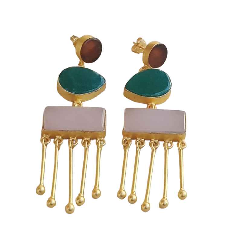 Artistic Gold plated Chalcedony-Green Onyx-Rose Quartz Charming Designer Dangle Drop Earrings