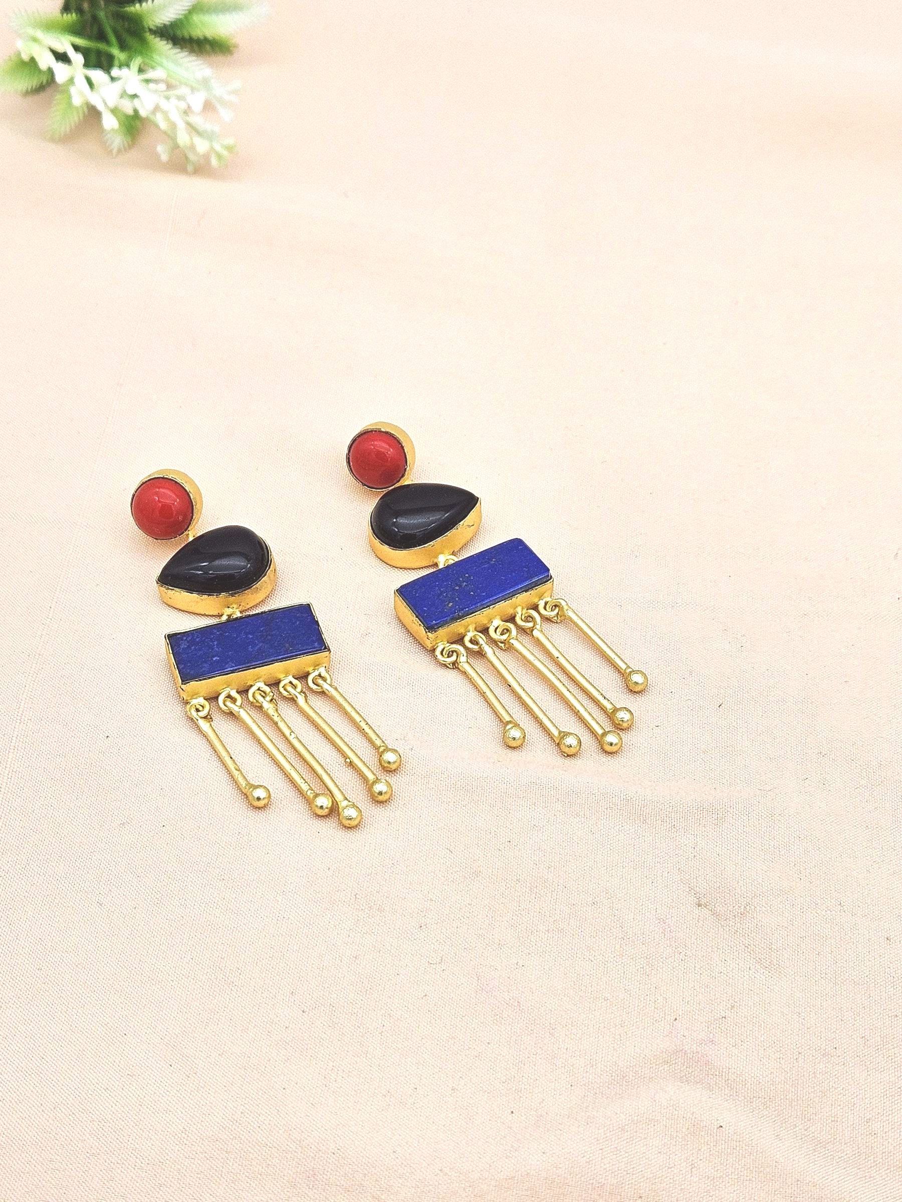 Artistic Gold plated Coral-Black Onyx-Lapis Charming Designer Dangle Drop Earrings