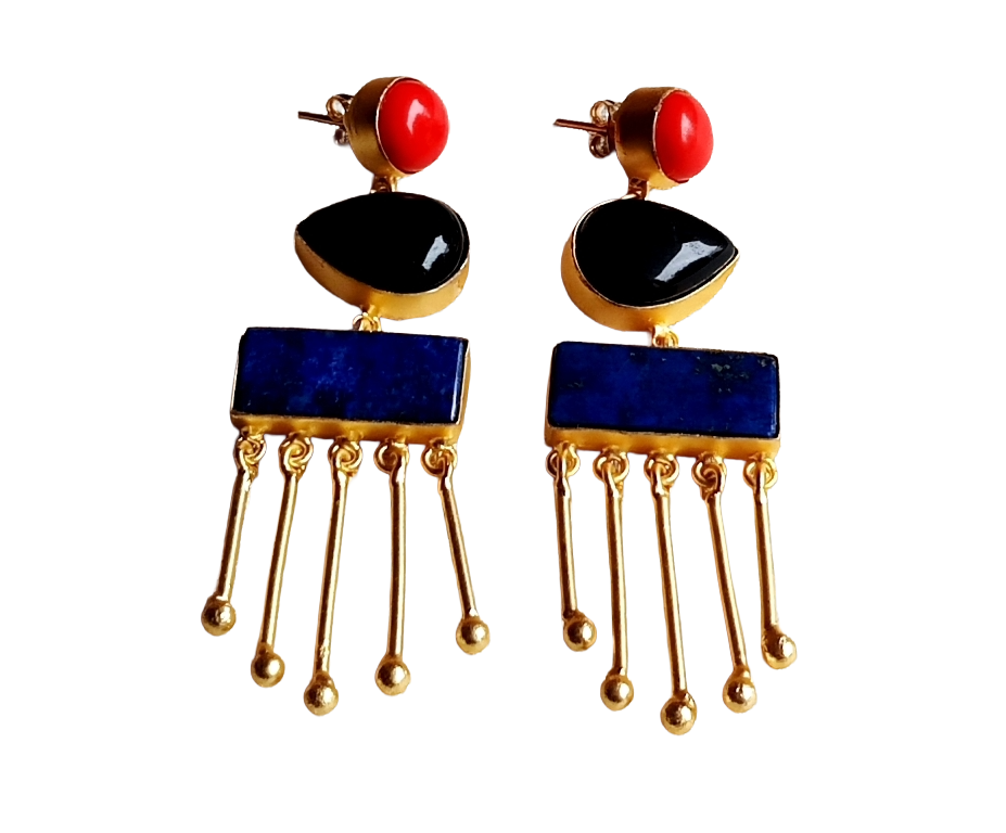 Artistic Gold plated Coral-Black Onyx-Lapis Charming Designer Dangle Drop Earrings