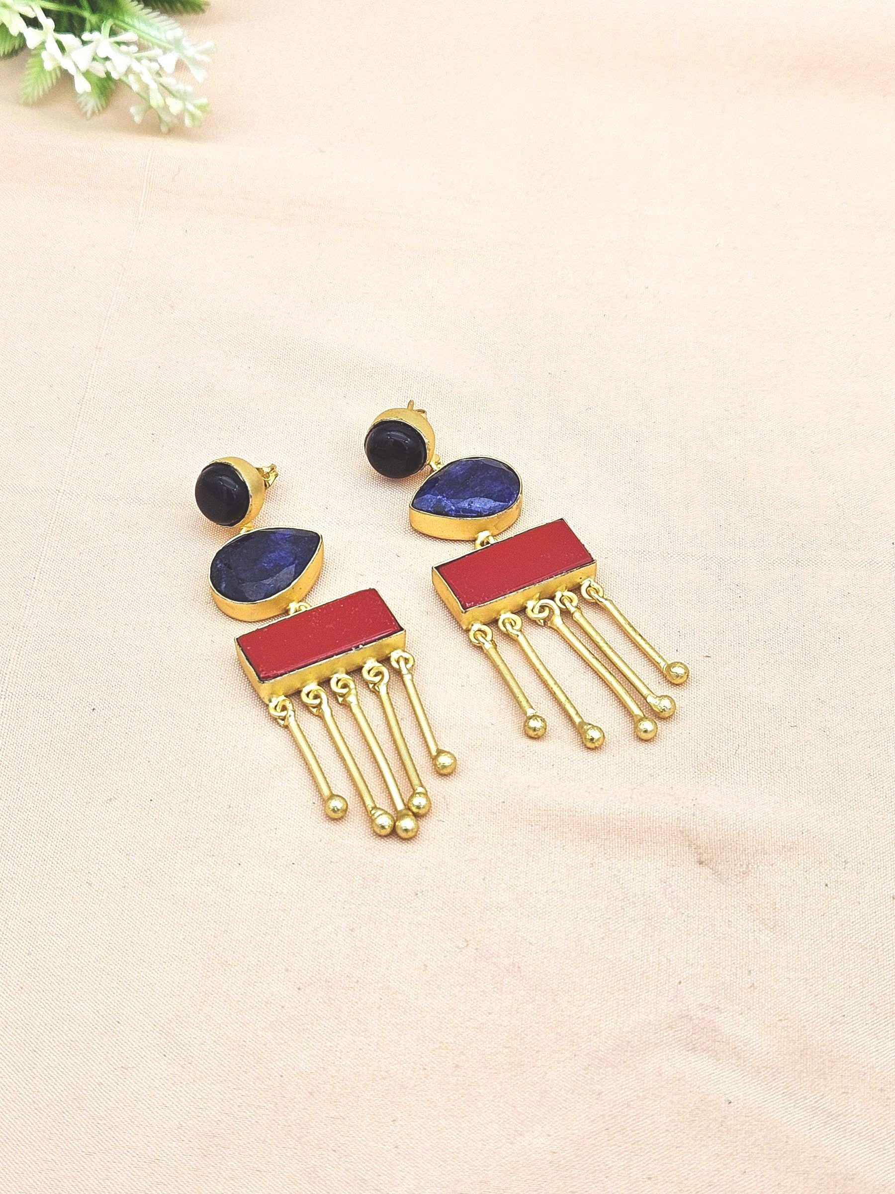 Artistic Gold plated Black Onyx-Blue Hathipara-Coral Charming Designer Dangle Drop Earrings