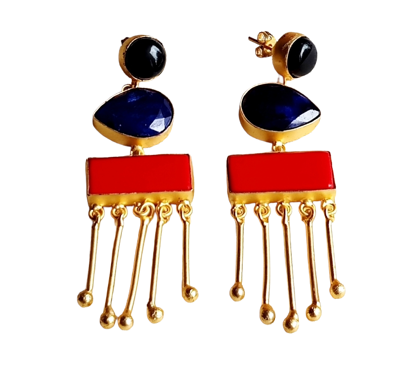 Artistic Gold plated Black Onyx-Blue Hathipara-Coral Charming Designer Dangle Drop Earrings