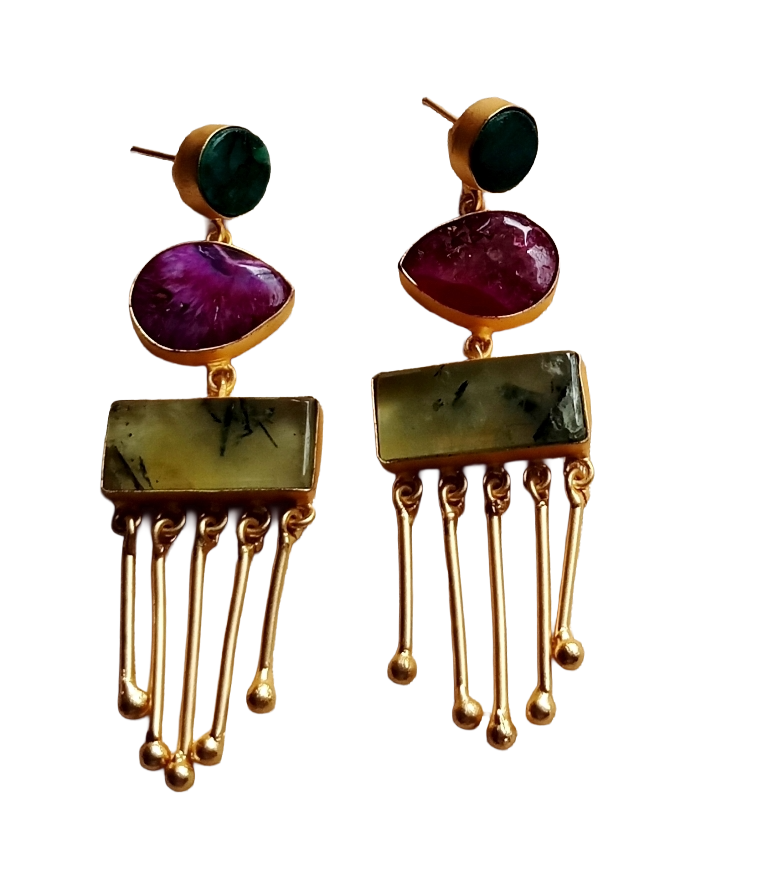 Artistic Gold plated Green Solar Qtz-Agate-Prehnite Charming Designer Dangle Drop Earrings
